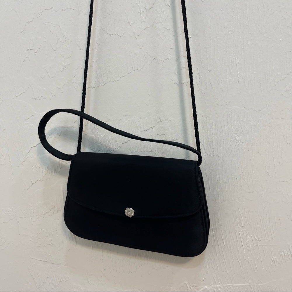 Lillie Rubin Evening Bag Women Small Black Excellent Satin Crystal Floral Button